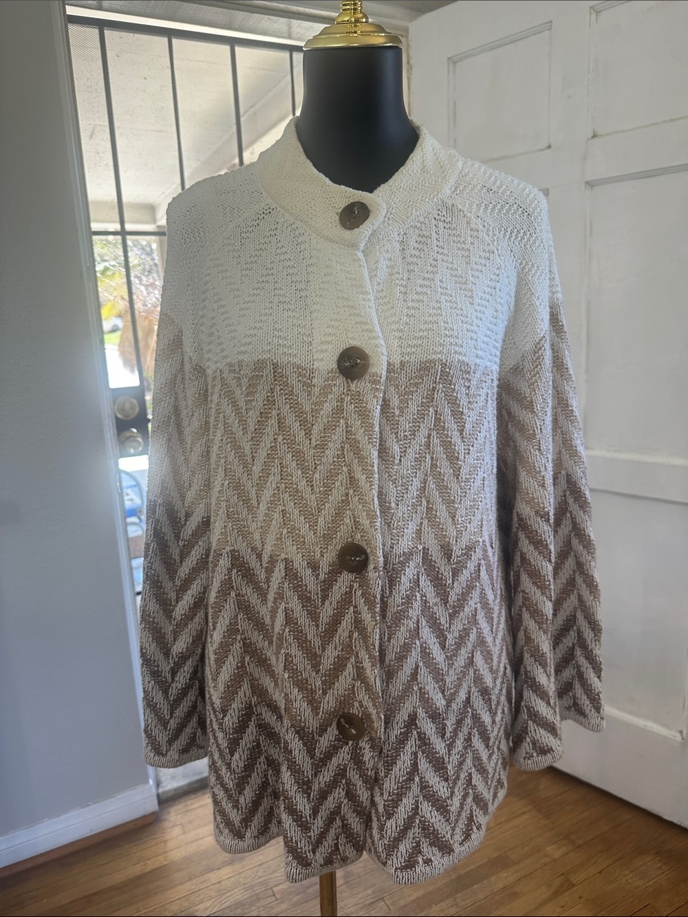 Ombre Chevron Button-Front Cardigan Sweater in Cream and Brown